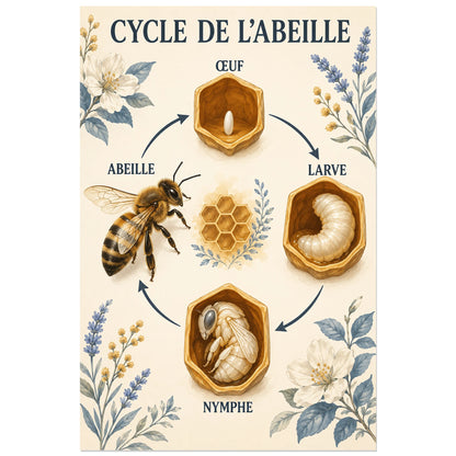 Affiche Cycle de l’abeille – Ronde des saisons, affiche pédagogique / illustration botanique verticale, format 40 × 60 cm