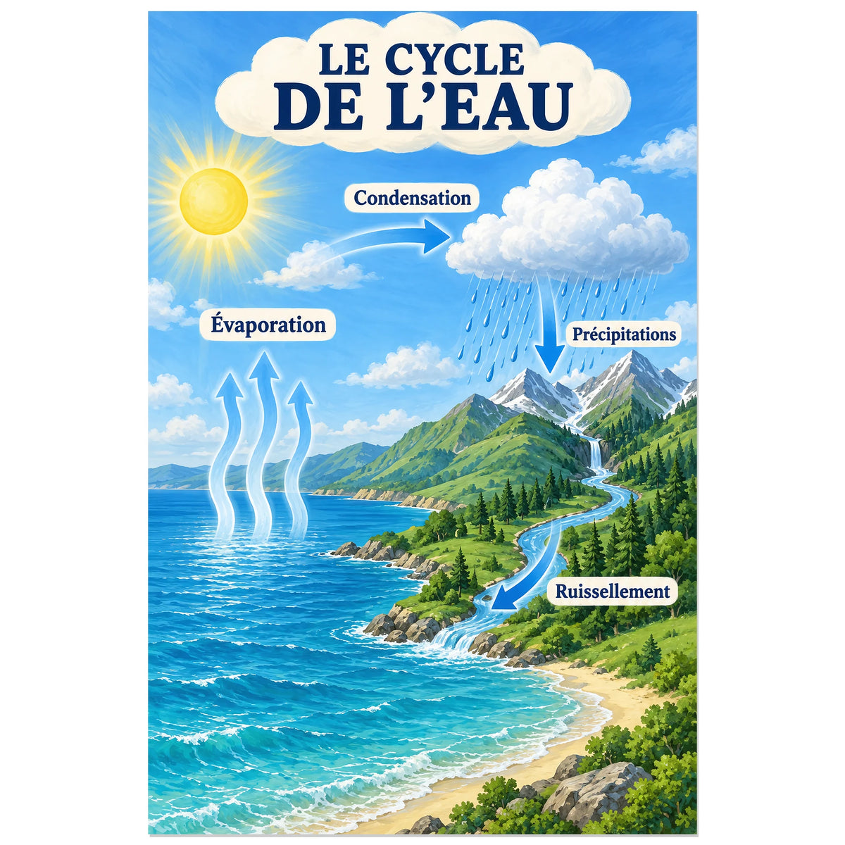 Rivière et mer reliées par les flèches du cycle de l'eau, affiche 60 × 90 cm