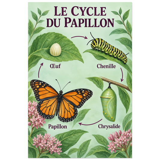 Quatre étapes du cycle du papillon sur fond feuillu, affiche 30 × 45 cm