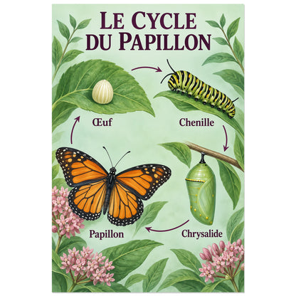 Œuf, chenille, chrysalide et papillon légendés, affiche 40 × 60 cm