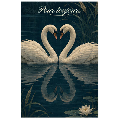 Affiche Pour toujours - Deux cygnes formant un cœur, illustration naturaliste romantique aux textures de gouache verticale, format 30 × 45 cm