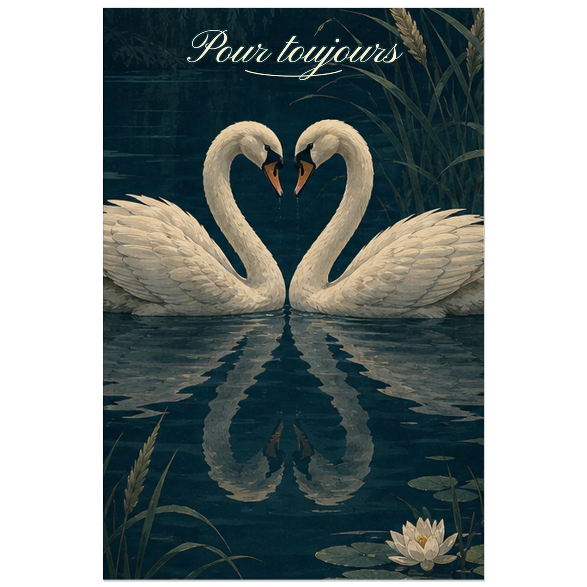 Affiche Pour toujours - Deux cygnes formant un cœur, illustration naturaliste romantique aux textures de gouache verticale, format 40 × 60 cm