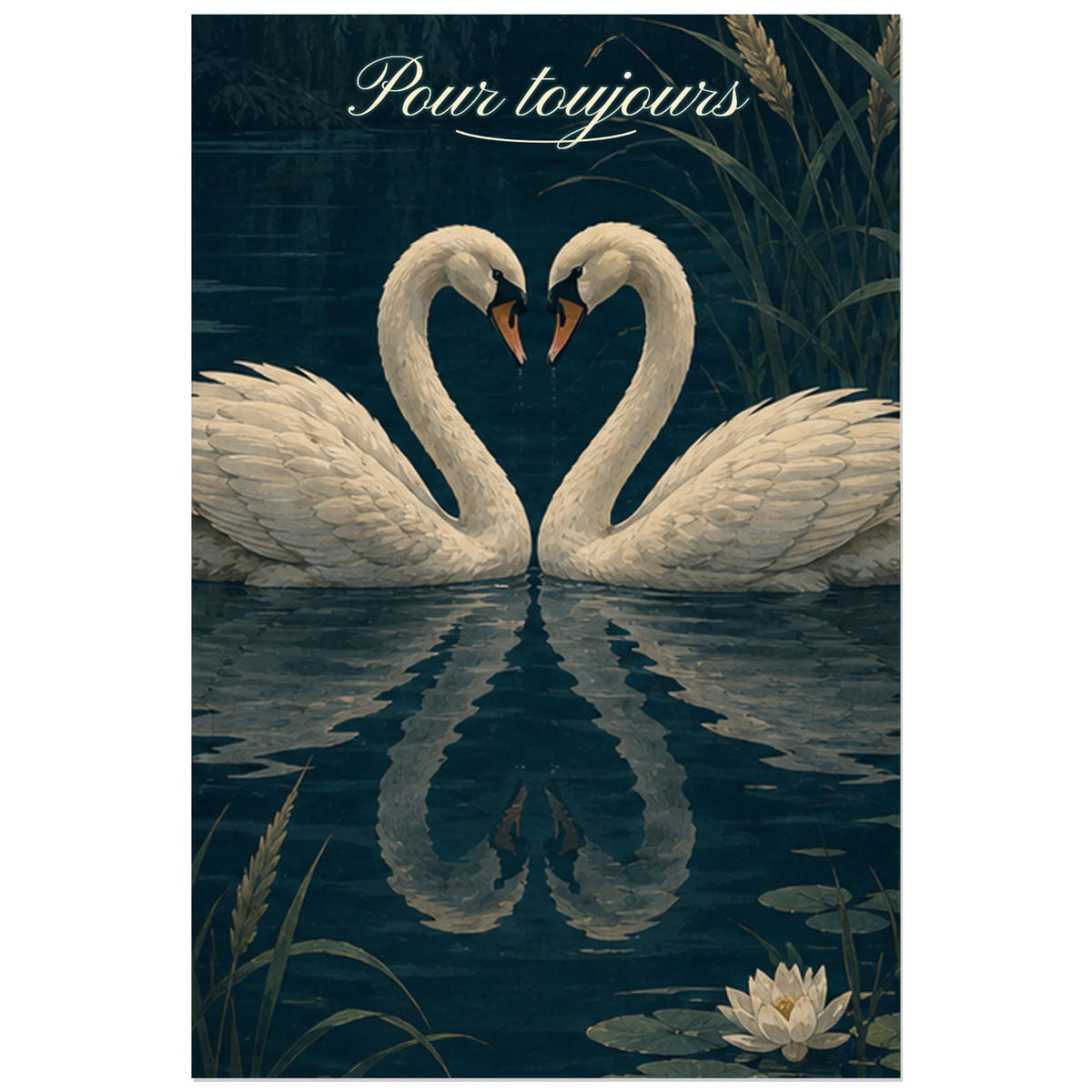 Affiche Pour toujours - Deux cygnes formant un cœur, illustration naturaliste romantique aux textures de gouache verticale, format 60 × 90 cm