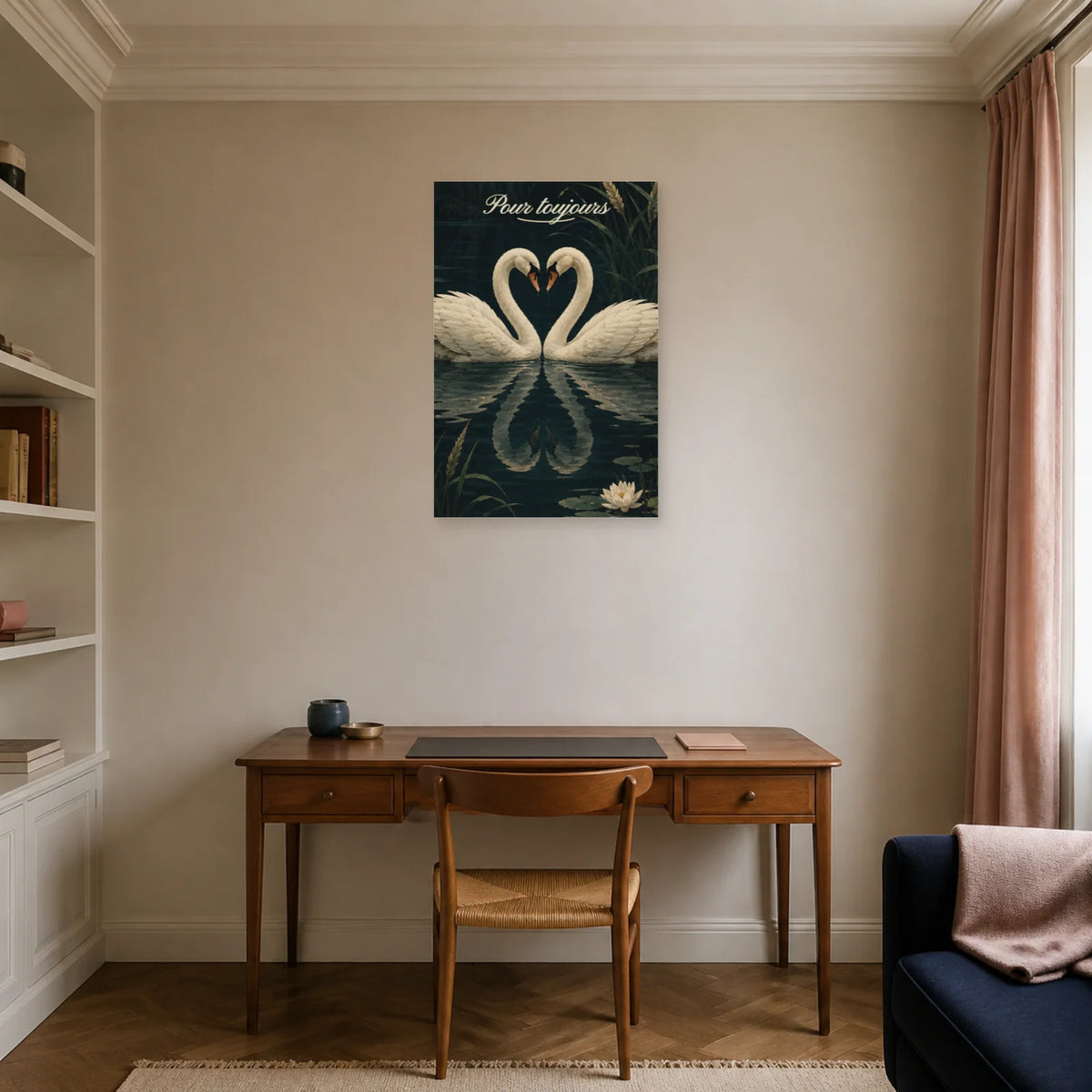Affiche Pour toujours - Deux cygnes formant un cœur dans un bureau - Art Virtuoso