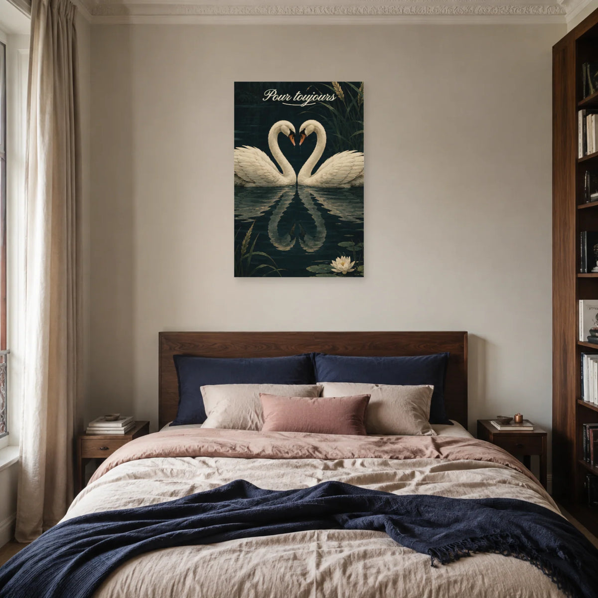 Affiche Pour toujours - Deux cygnes formant un cœur dans une chambre - Art Virtuoso