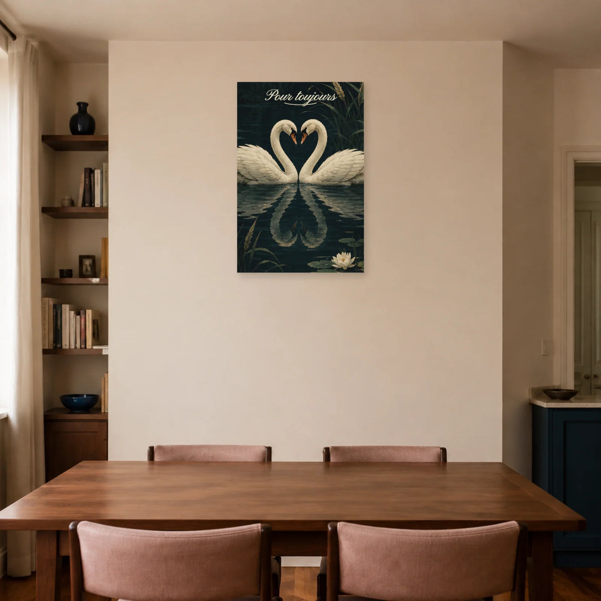 Affiche Pour toujours - Deux cygnes formant un cœur dans une salle à manger - Art Virtuoso