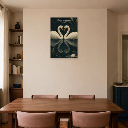 Affiche Pour toujours - Deux cygnes formant un cœur dans une salle à manger - Art Virtuoso