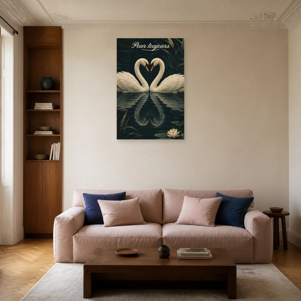 Affiche Pour toujours - Deux cygnes formant un cœur dans un salon - Art Virtuoso