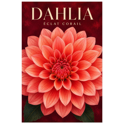 Affiche Dahlia – Éclat Corail, gouache botanique graphique verticale, format 30 × 45 cm