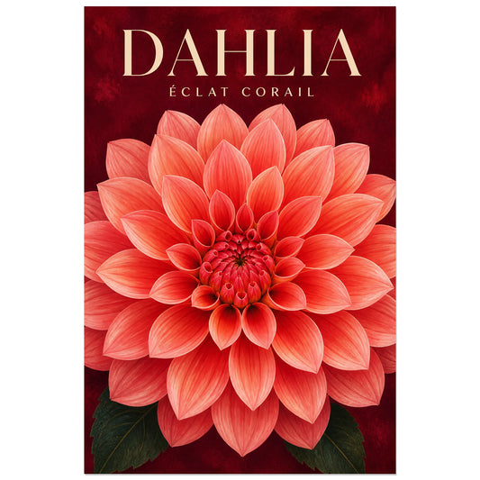 Affiche Dahlia – Éclat Corail, gouache botanique graphique verticale, format 30 × 45 cm