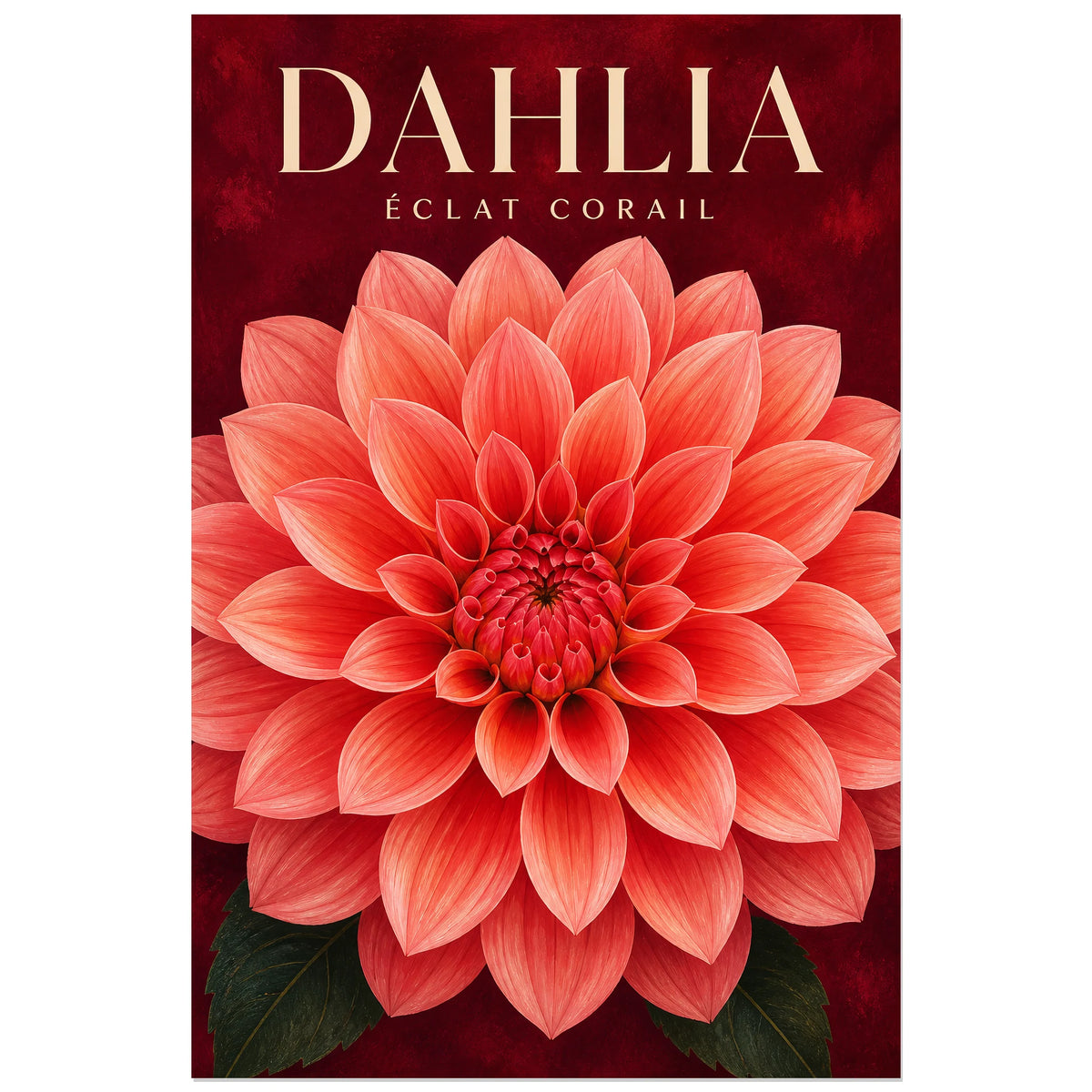 Affiche Dahlia – Éclat Corail, gouache botanique graphique verticale, format 60 × 90 cm