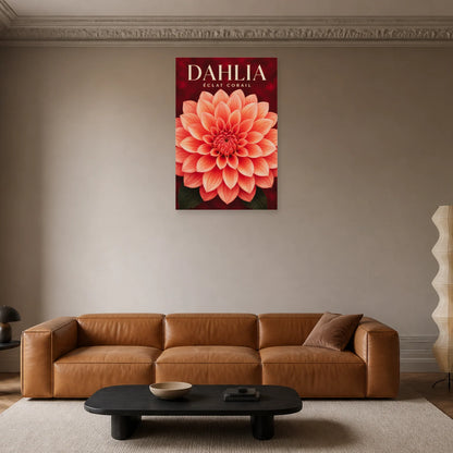 Affiche Dahlia – Éclat Corail dans un salon - Art Virtuoso