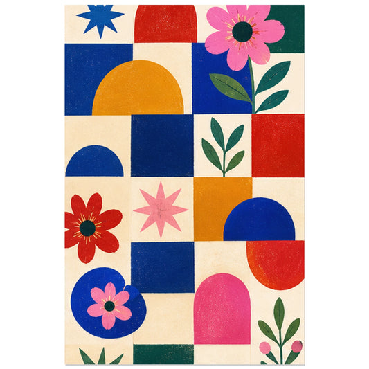 Damier folk bleu, rouge et jaune, affiche 30 × 45 cm