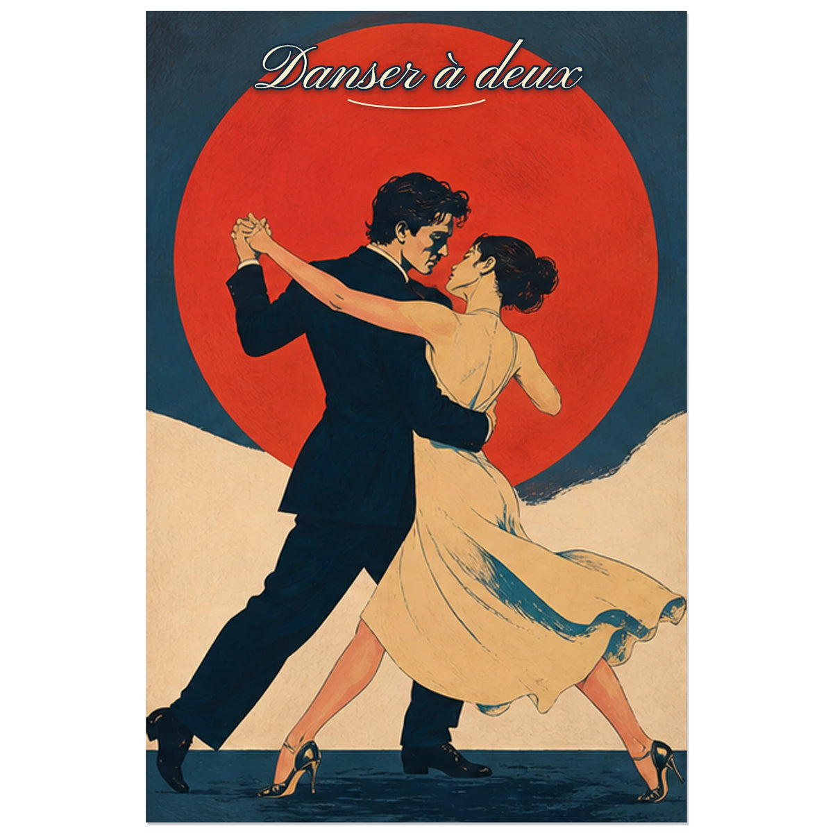 Affiche Danser à deux - Couple et soleil rouge, sérigraphie moderniste inspirée des affiches de danse verticale, format 30 × 45 cm
