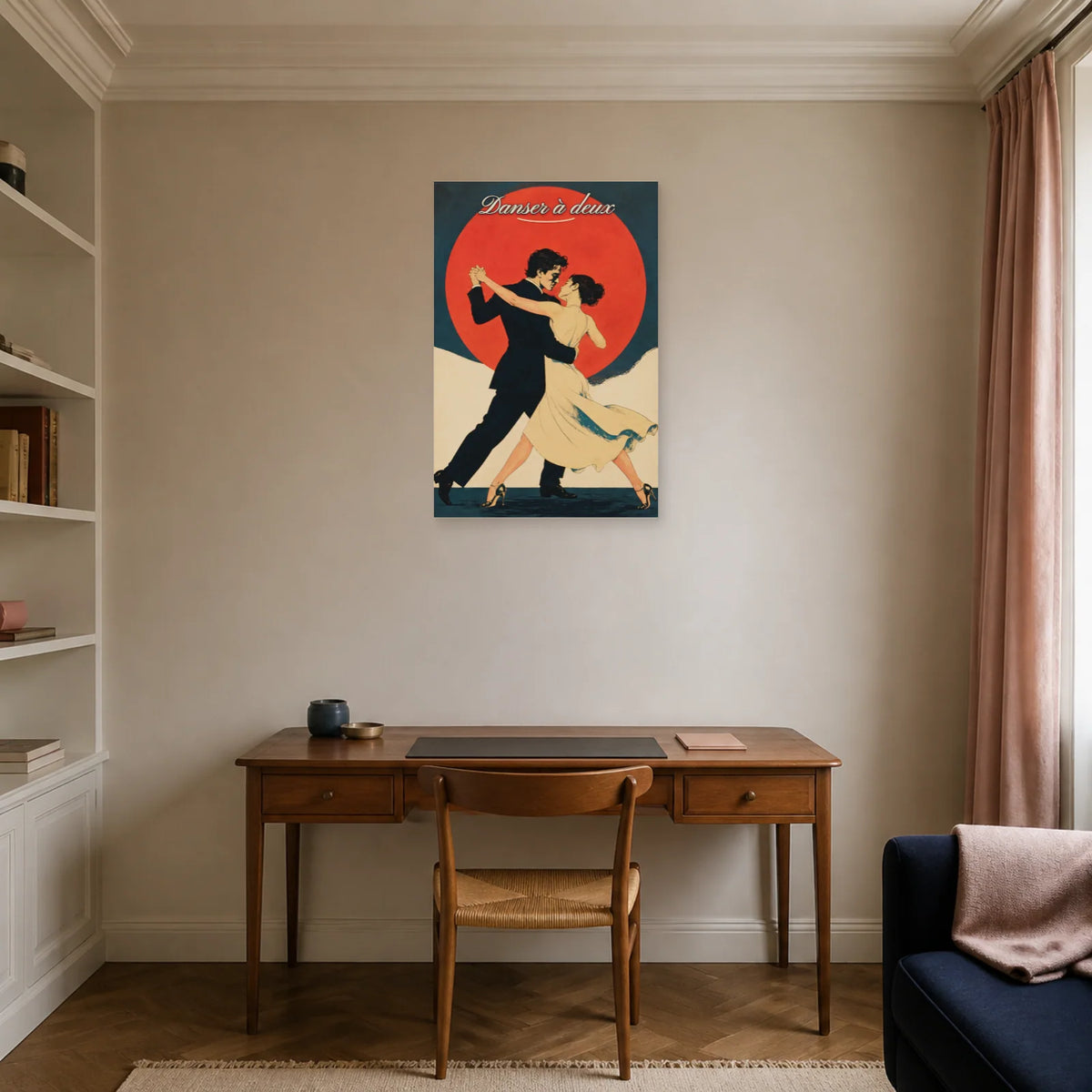 Affiche Danser à deux - Couple et soleil rouge dans un bureau - Art Virtuoso