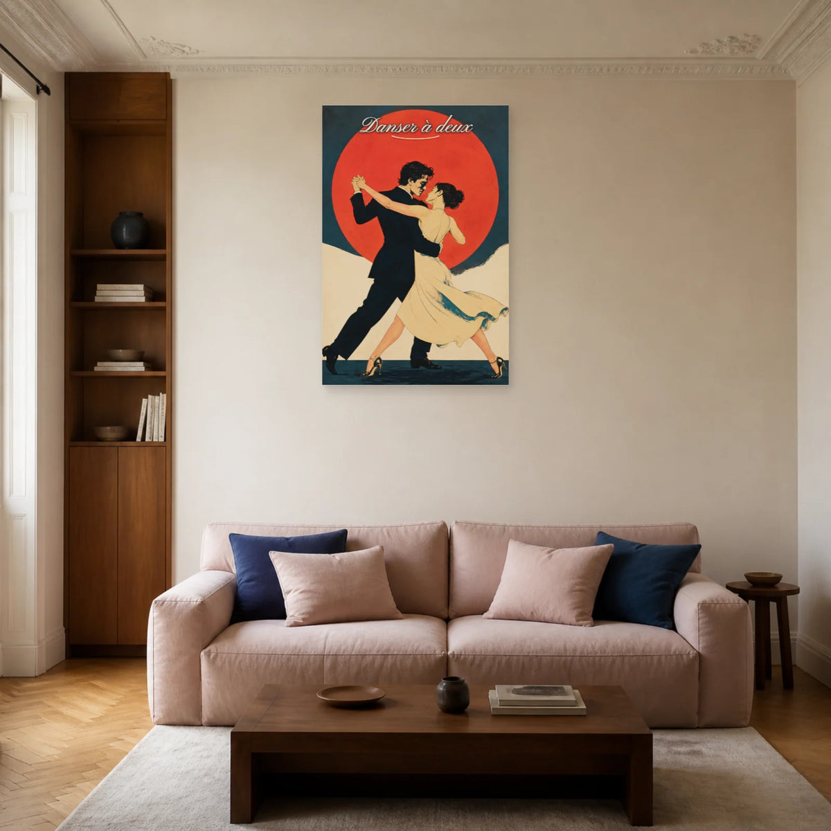 Affiche Danser à deux - Couple et soleil rouge dans un salon - Art Virtuoso