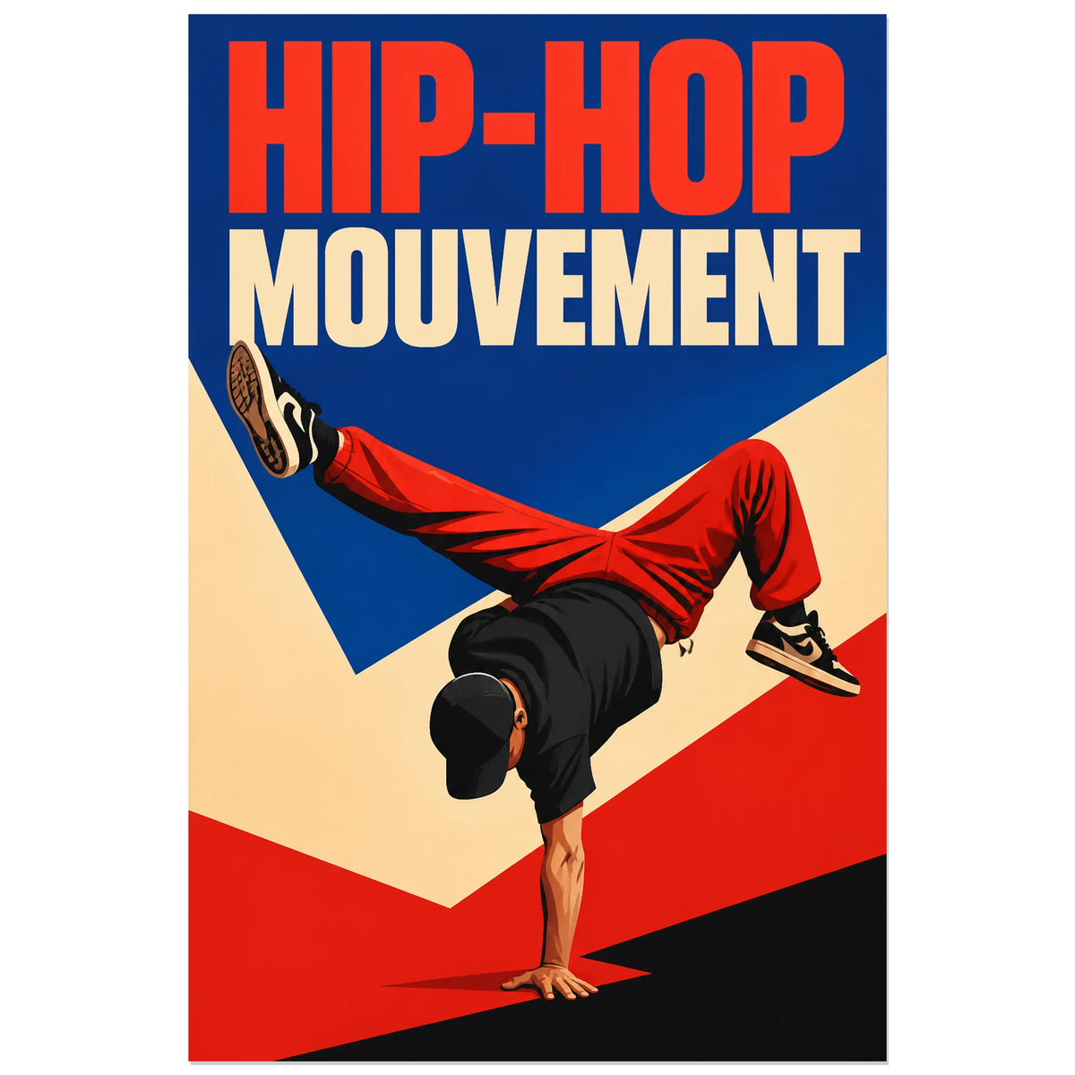 Affiche Danse hip-hop - Mouvement, illustration de danse graphique a fort contraste verticale, format 40 × 60 cm