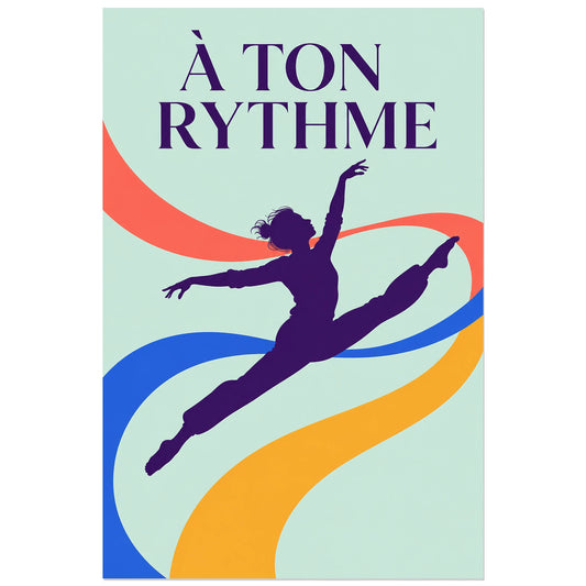 Danseuse stylisée en diagonale entre rubans orange, bleu et jaune, affiche 30 × 45 cm