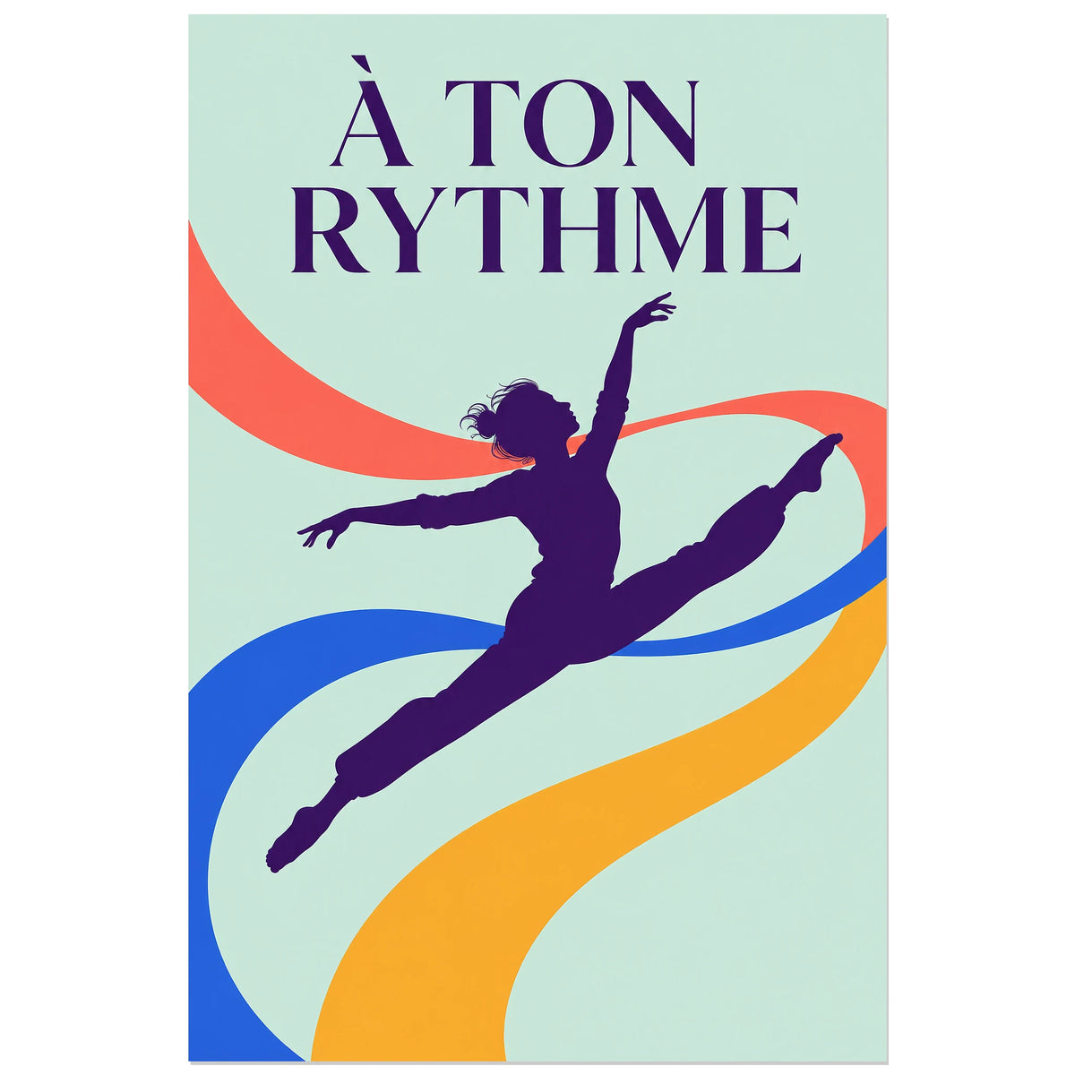Grand saut violet et bandes courbes colorées sur affiche de danse, affiche 40 × 60 cm
