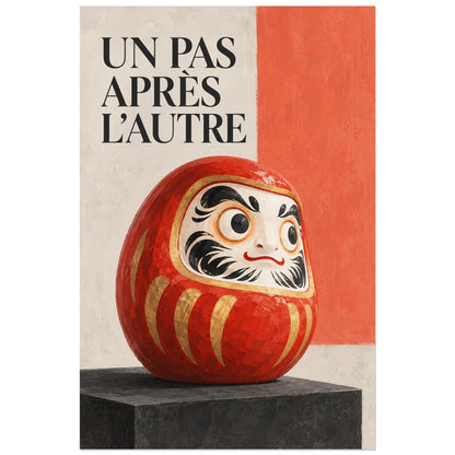 Affiche Daruma - Un pas après l'autre, illustration à effet gouache / art populaire verticale, format 30 × 45 cm