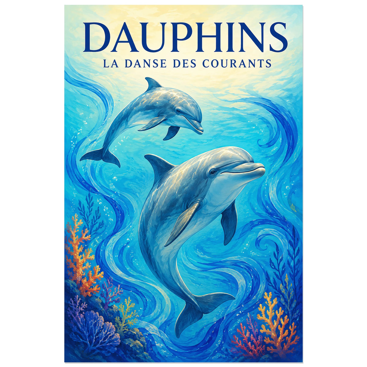 Affiche Dauphins – La danse des courants, gouache naturaliste / affiche décorative verticale, format 30 × 45 cm