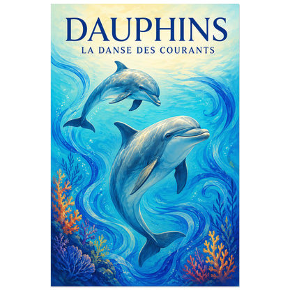 Affiche Dauphins – La danse des courants, gouache naturaliste / affiche décorative verticale, format 30 × 45 cm