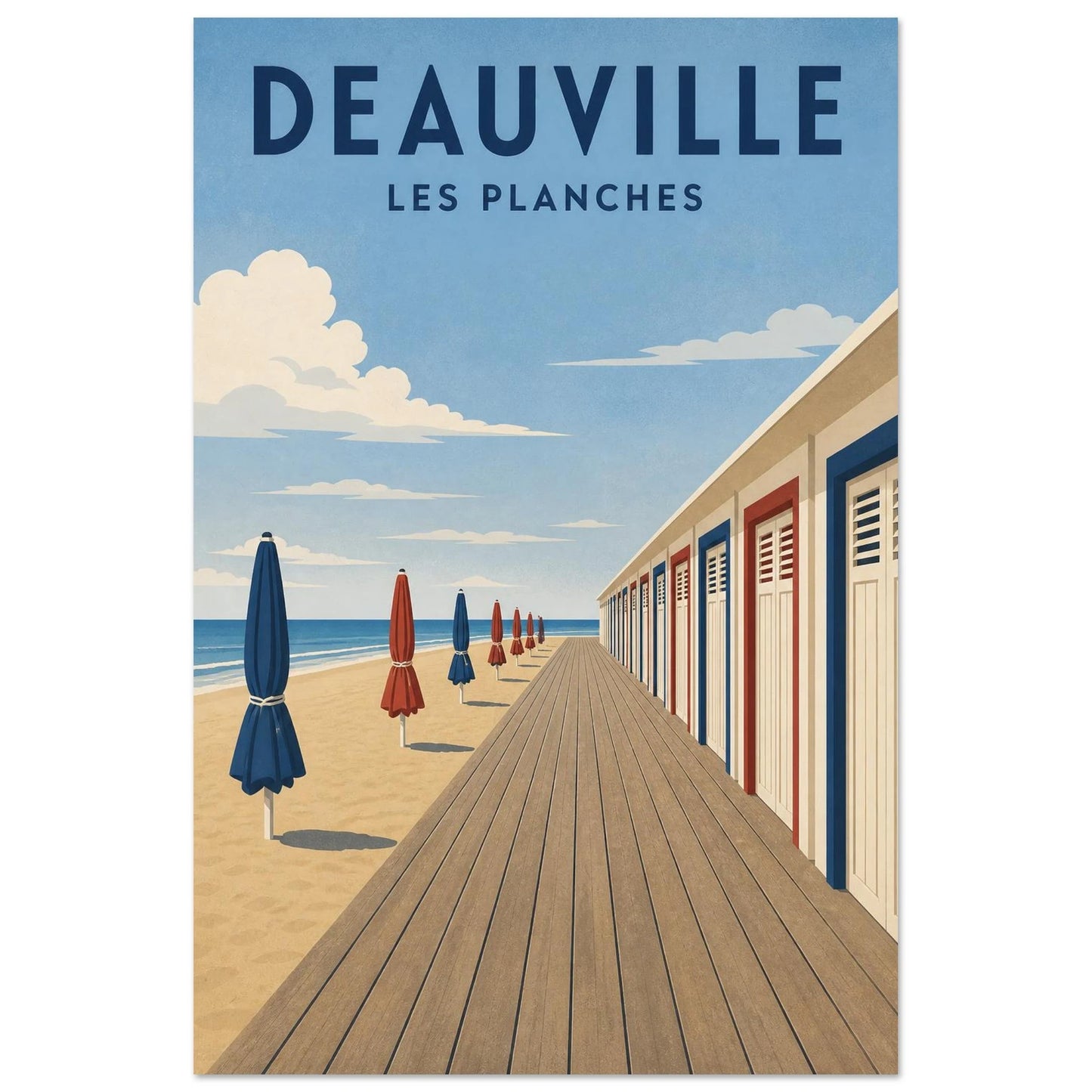 Affiche Deauville – Les Planches, illustration verticale sérigraphie minimaliste, format 30 × 45 cm