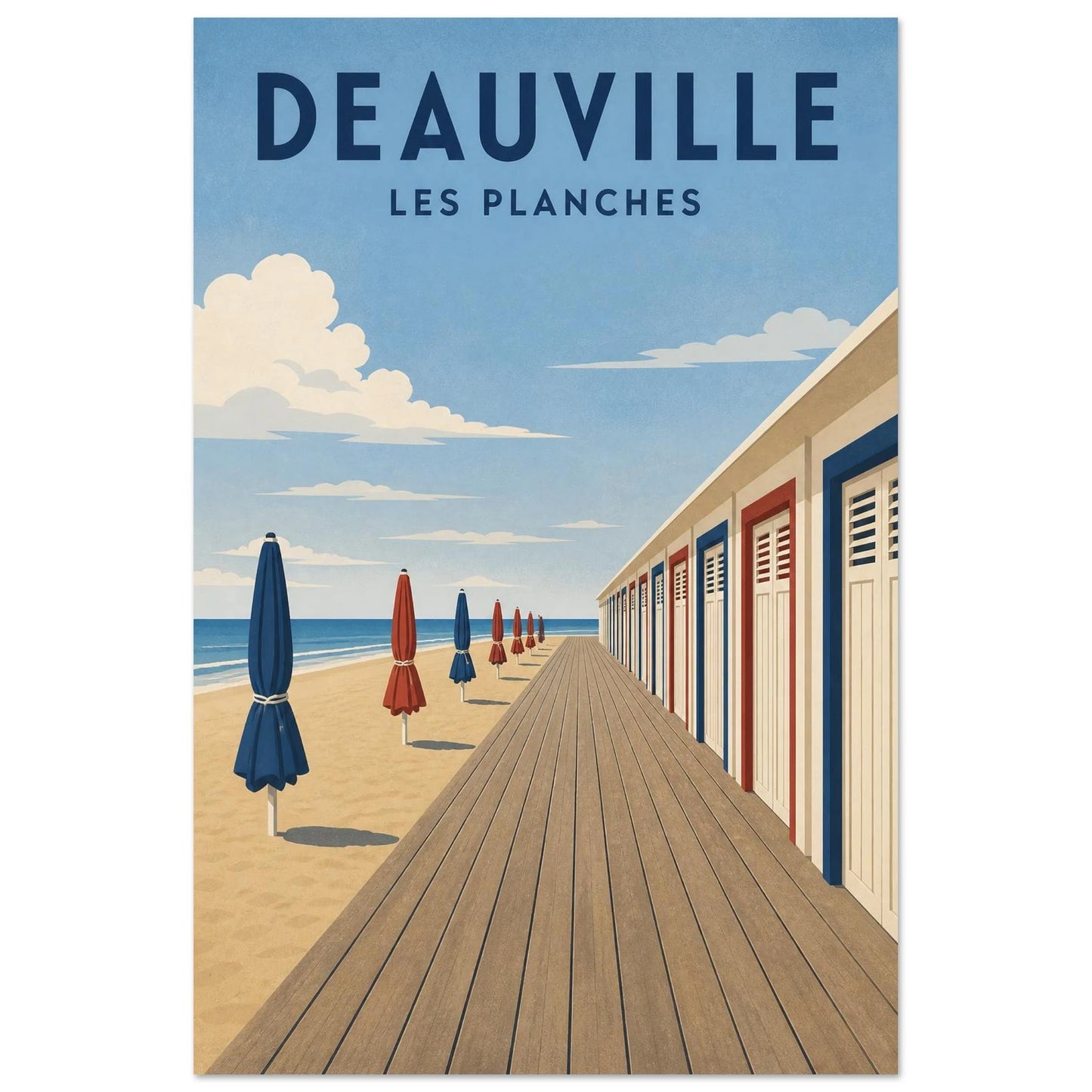 Affiche Deauville – Les Planches, illustration verticale sérigraphie minimaliste, format 60 × 90 cm
