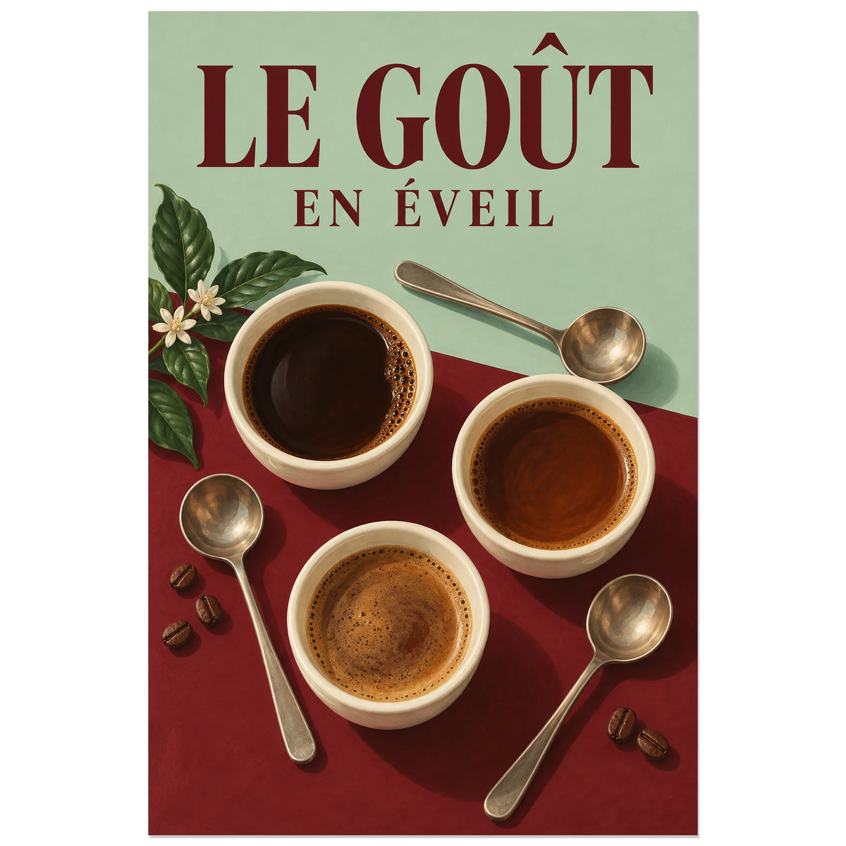 Trois bols ivoire de café vus d'en haut sur fond bordeaux, affiche 30 × 45 cm