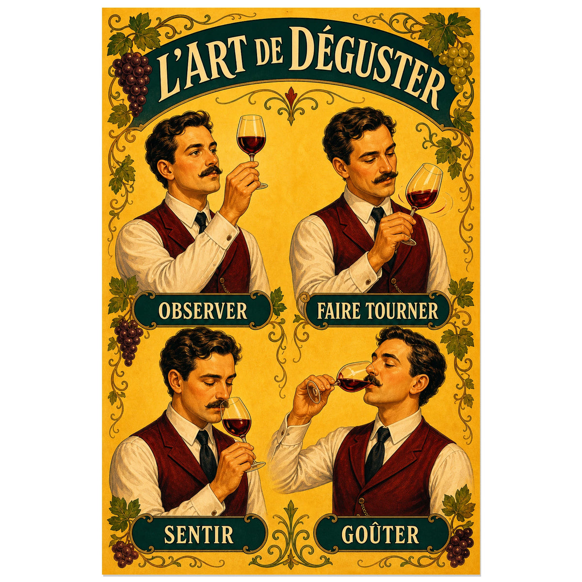 Affiche L’art de déguster, quatre gestes, illustration narrative de dégustation dans l’esprit de la lithographie publicitaire rétro verticale, format 30 × 45 cm