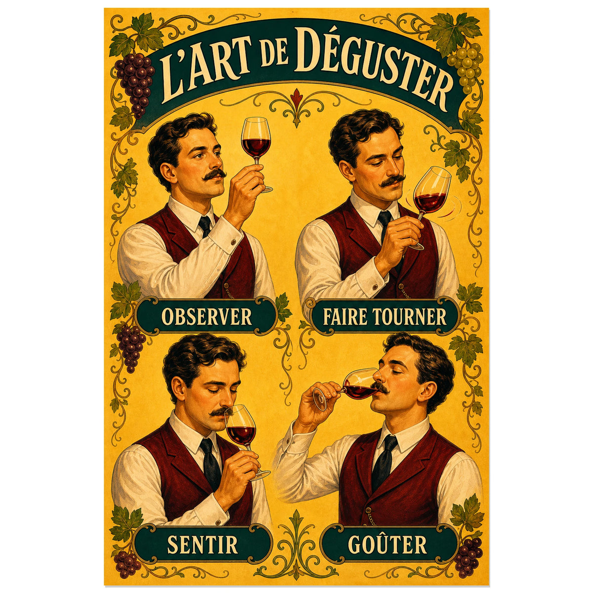 Affiche L’art de déguster, quatre gestes, illustration narrative de dégustation dans l’esprit de la lithographie publicitaire rétro verticale, format 40 × 60 cm
