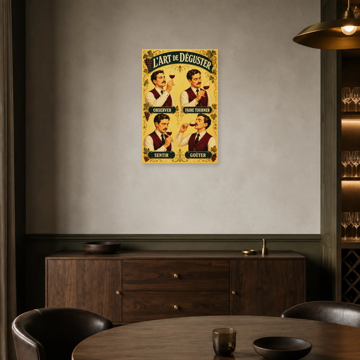 Affiche L’art de déguster, quatre gestes dans une salle à manger - Art Virtuoso