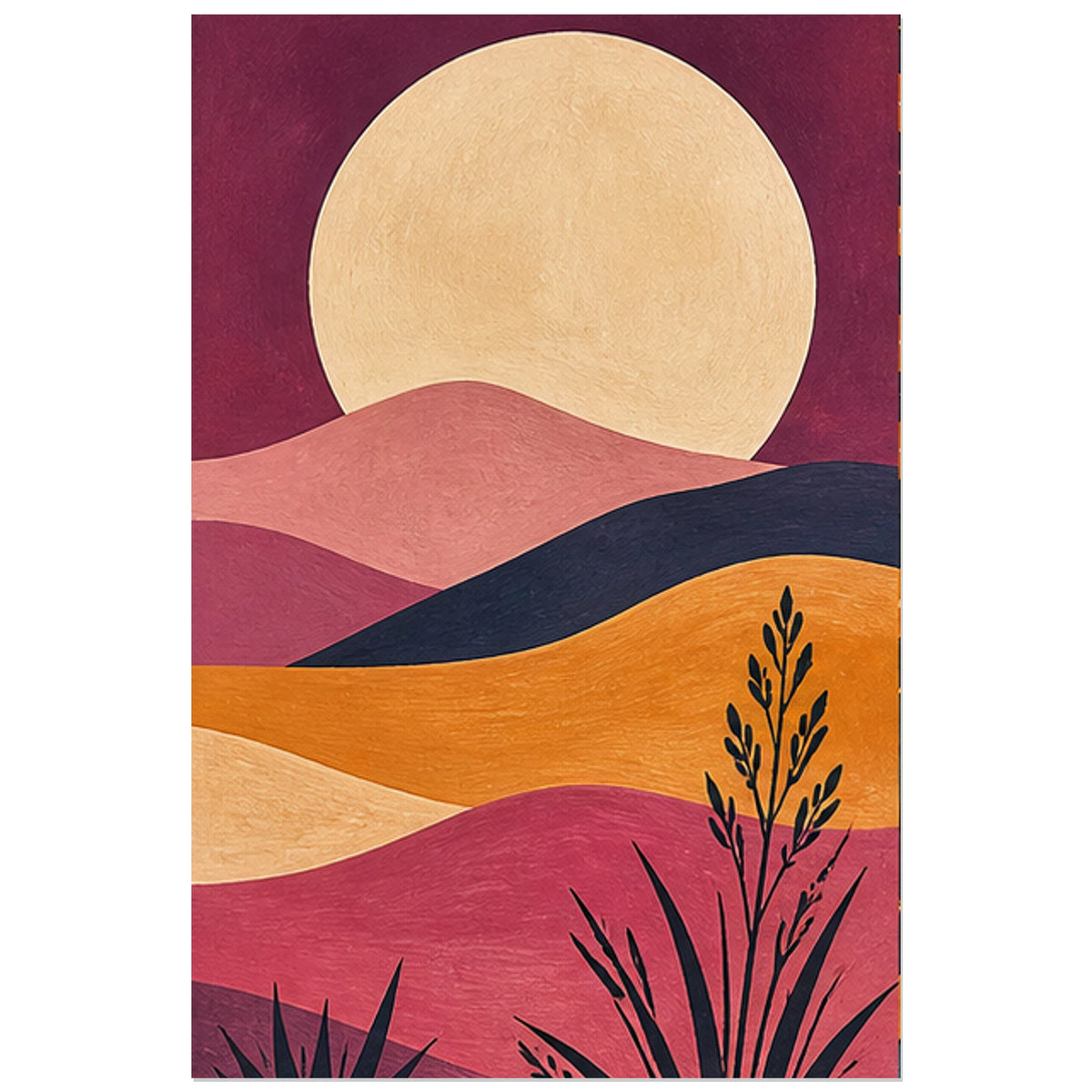 Paysage de dunes stylisées et soleil clair, affiche 30 × 45 cm