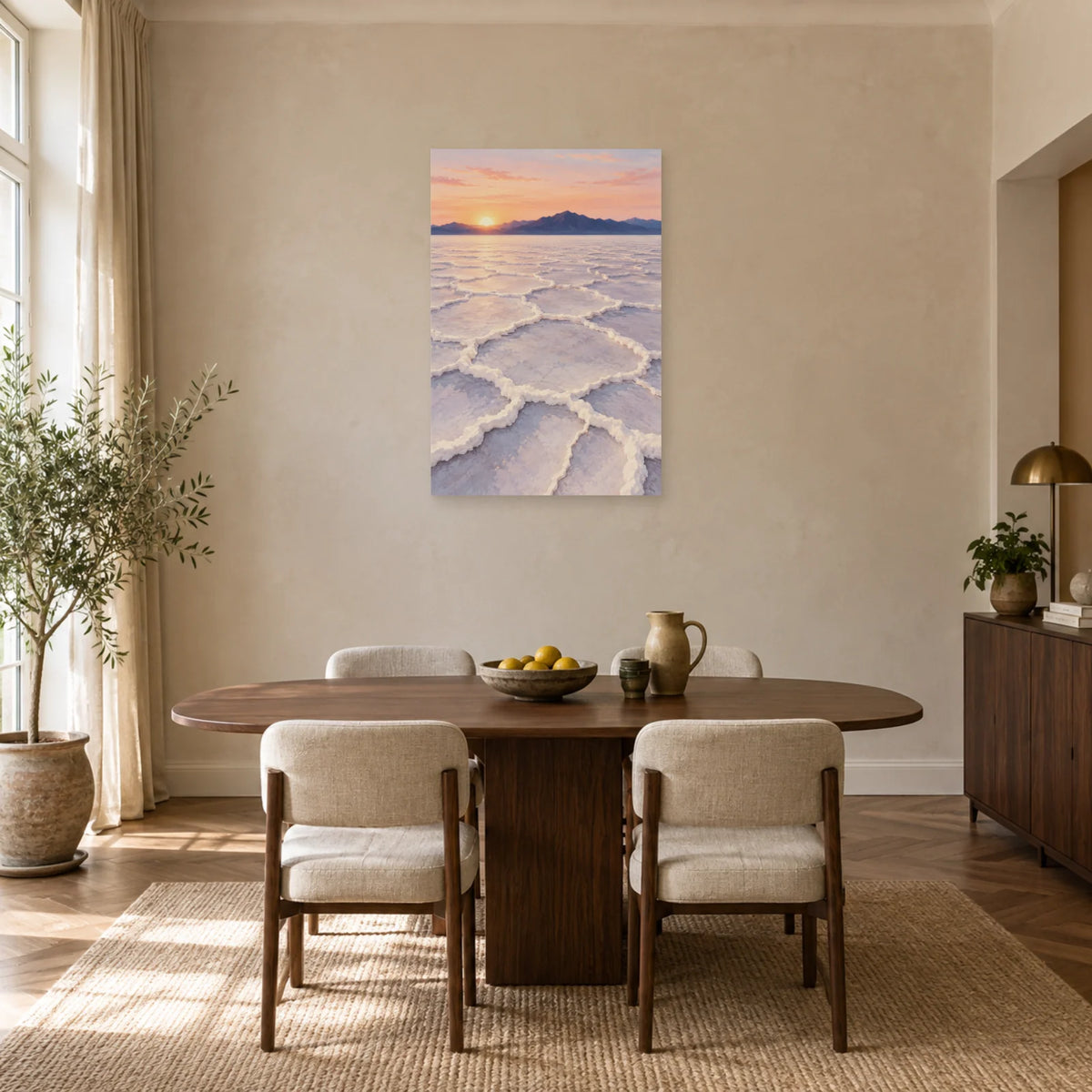 Affiche Désert de sel – Polygones à l'aube dans une salle à manger - Art Virtuoso