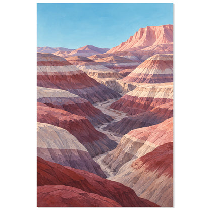 Affiche Désert stratifié – Collines roses, paysage peint / gouache en aplats verticale, format 60 × 90 cm