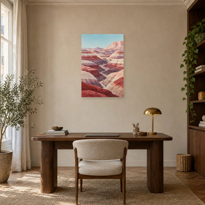 Affiche Désert stratifié – Collines roses dans un bureau - Art Virtuoso