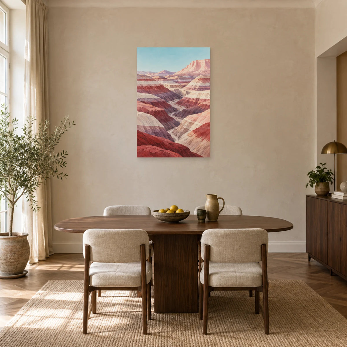 Affiche Désert stratifié – Collines roses dans une salle à manger - Art Virtuoso