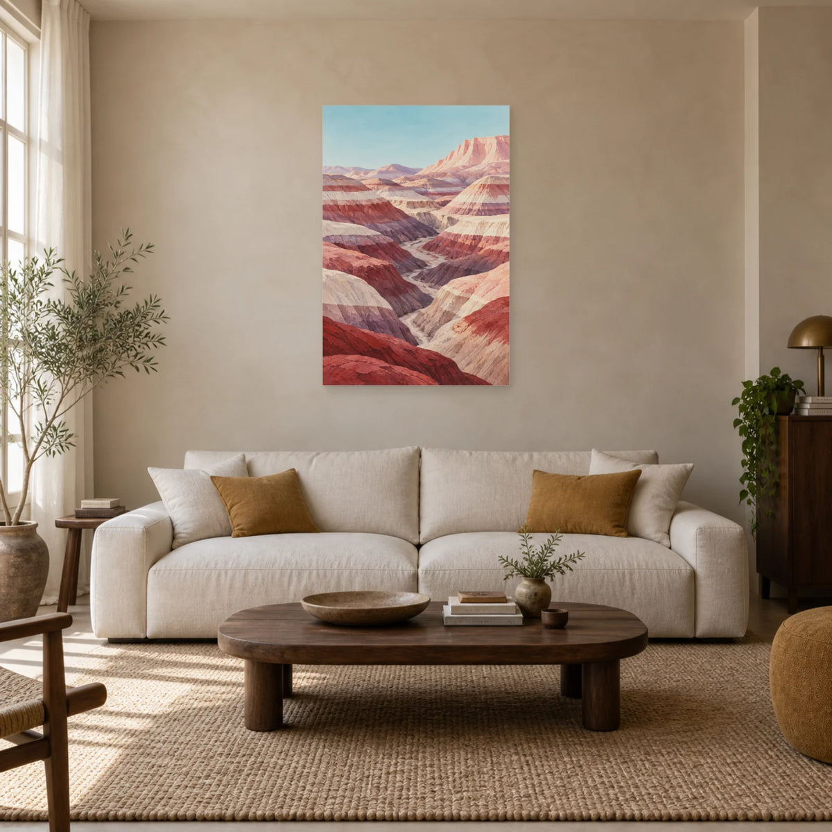 Affiche Désert stratifié – Collines roses dans un salon - Art Virtuoso