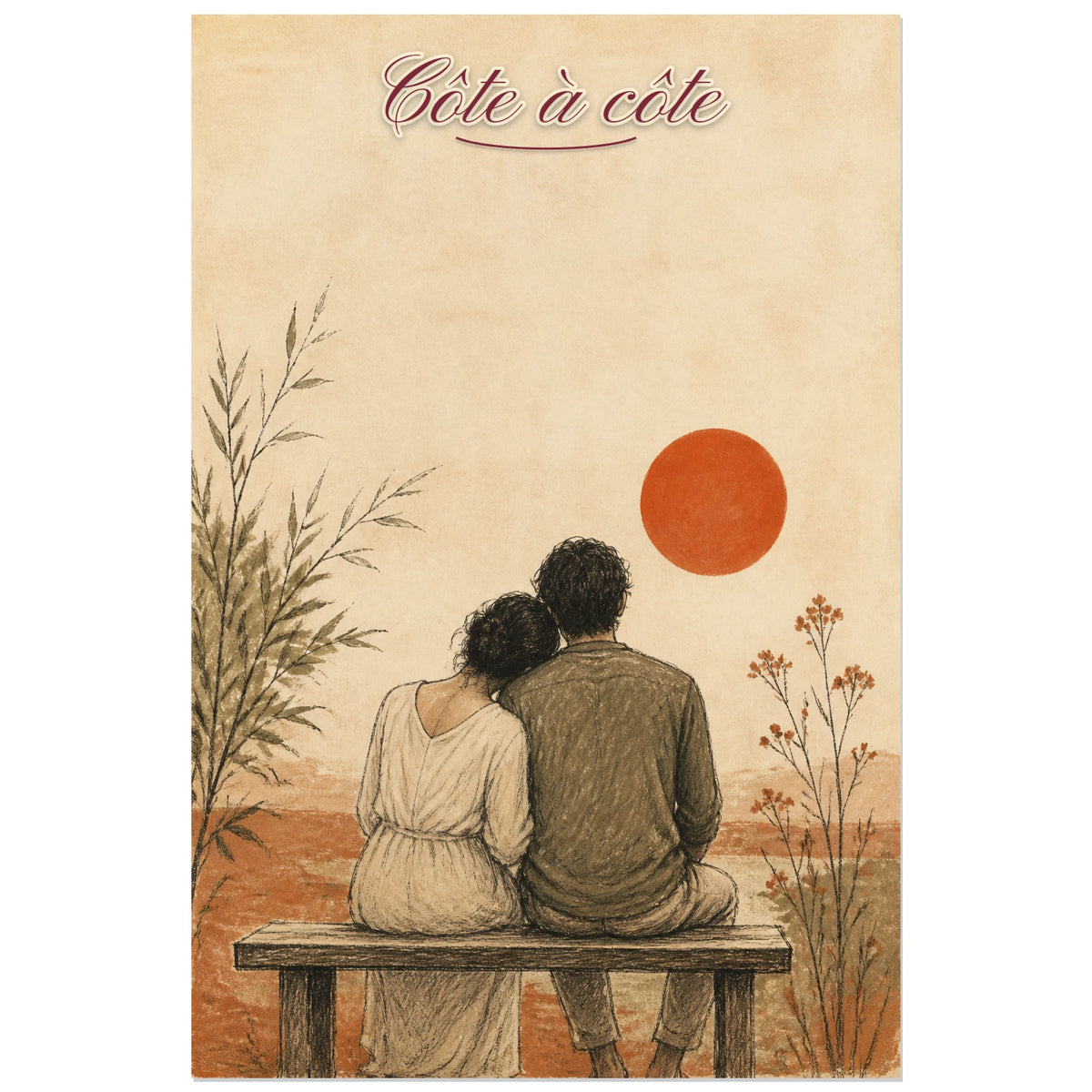 Affiche Côte à côte - Couple minimaliste, illustration minimaliste au crayon et à la gouache mate verticale, format 30 × 45 cm
