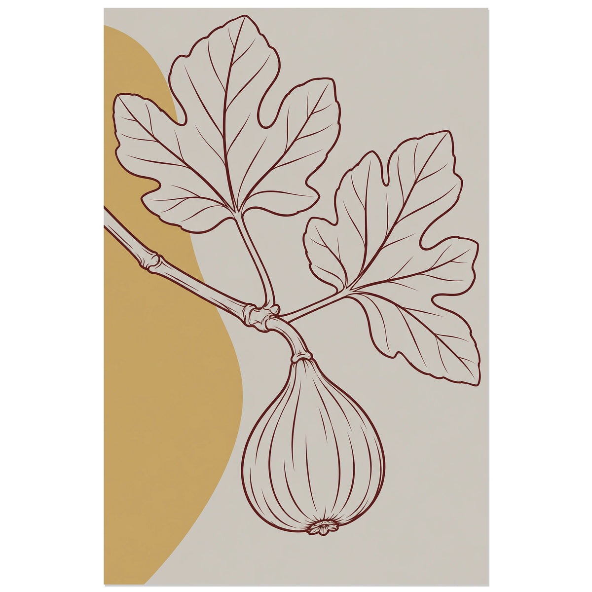 Affiche dessin au trait branche de figuier, dessin au trait / illustration linéaire / aplats colorés verticale, format 30 × 45 cm