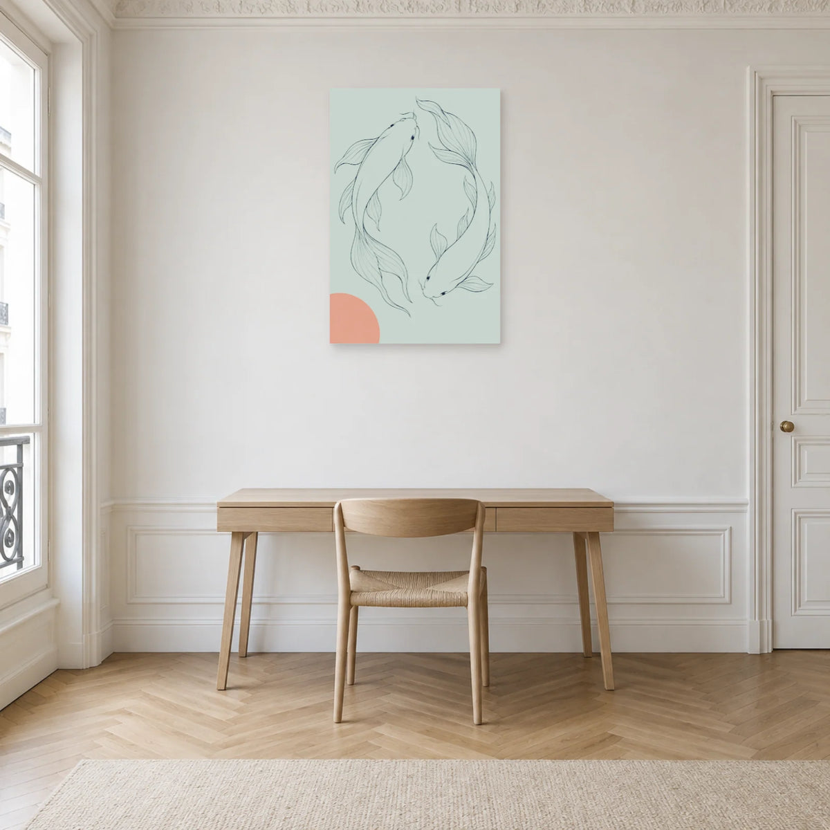 Affiche dessin au trait duo de carpes koï dans un bureau - Art Virtuoso