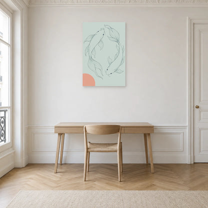 Affiche dessin au trait duo de carpes koï dans un bureau - Art Virtuoso