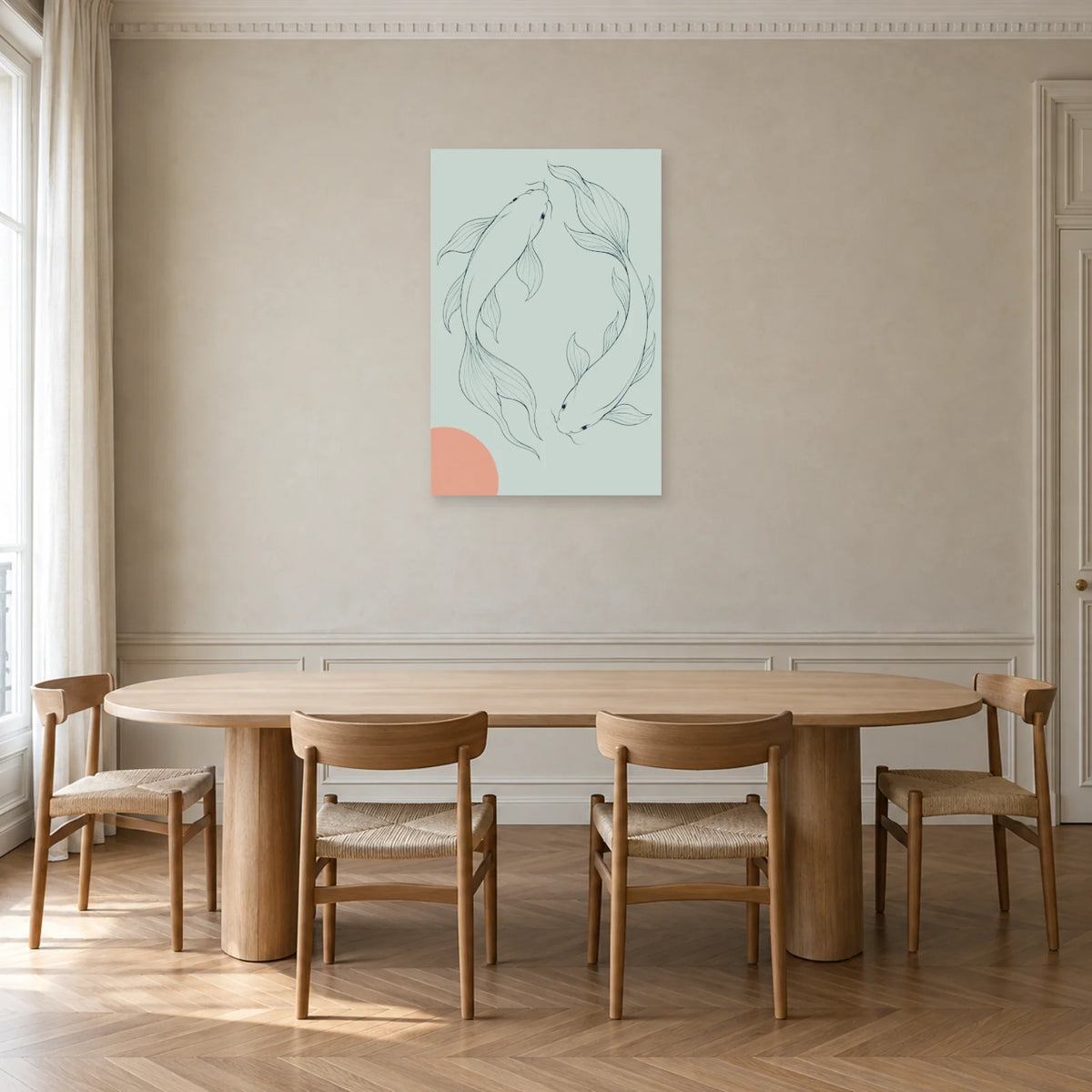 Affiche dessin au trait duo de carpes koï dans une salle à manger - Art Virtuoso