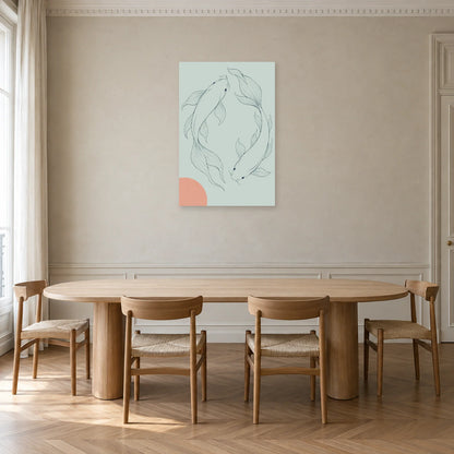 Affiche dessin au trait duo de carpes koï dans une salle à manger - Art Virtuoso