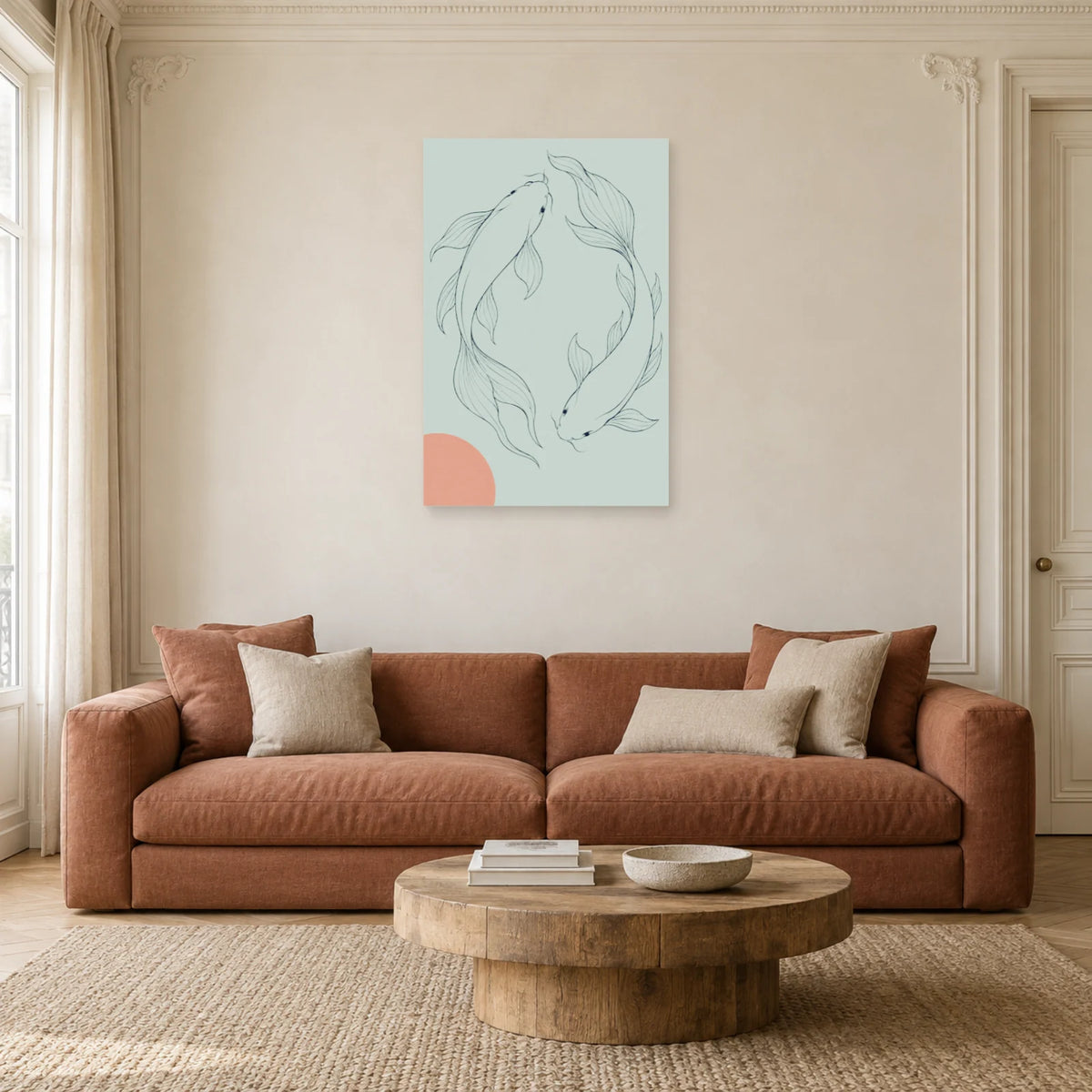 Affiche dessin au trait duo de carpes koï dans un salon - Art Virtuoso