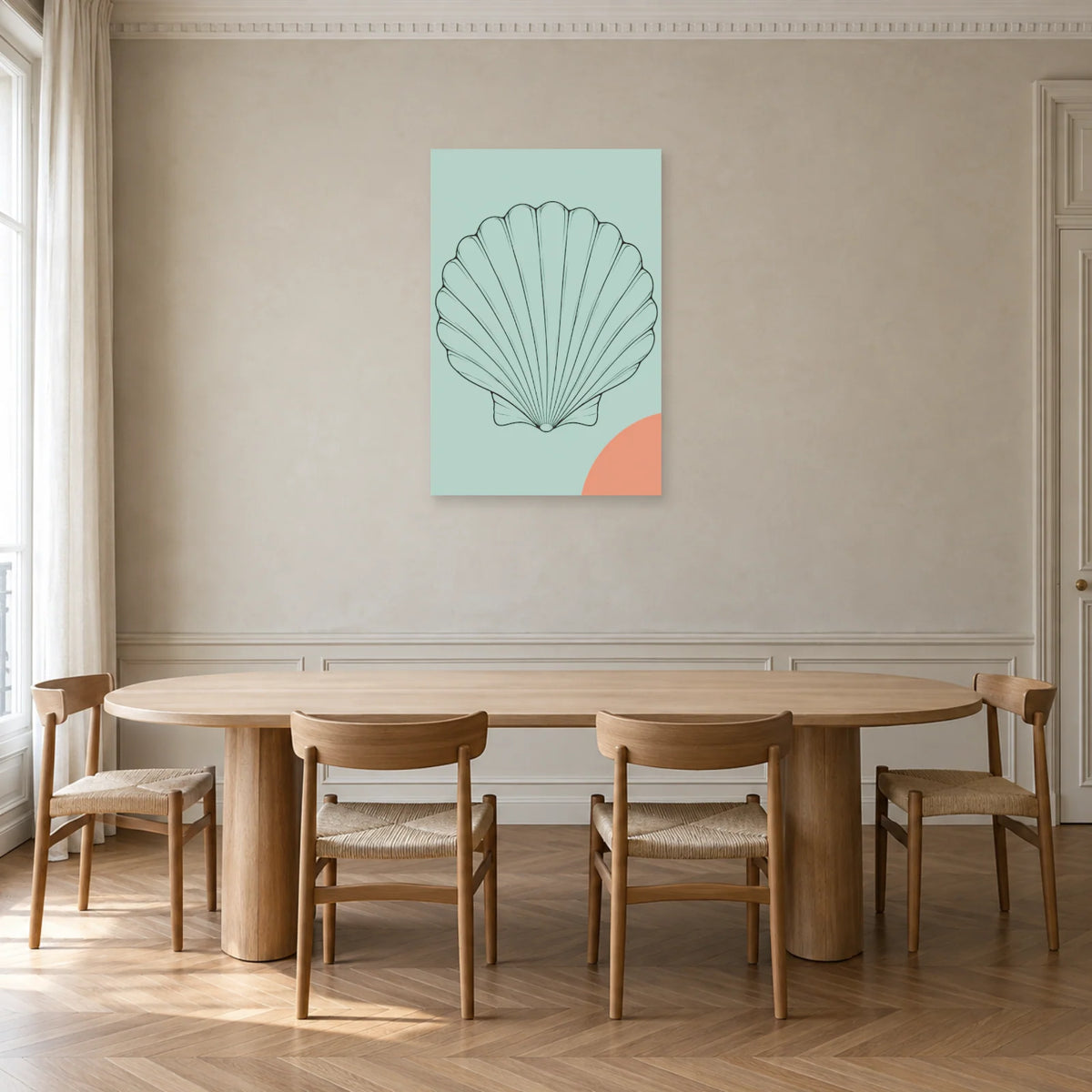 Affiche dessin au trait coquillage éventail dans une salle à manger - Art Virtuoso