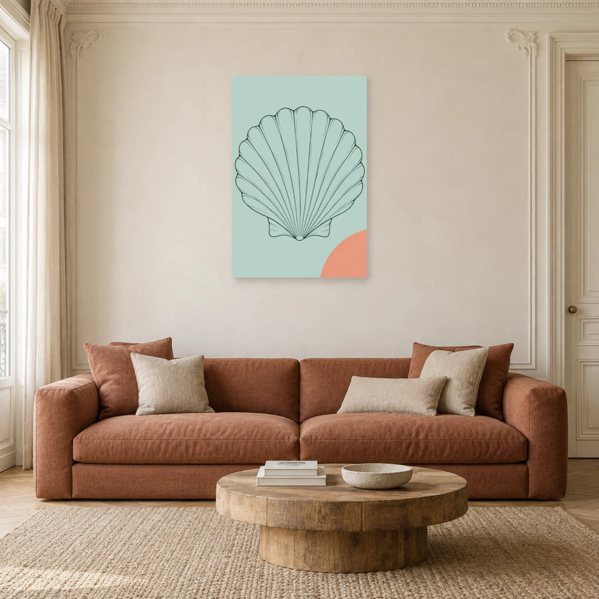 Affiche dessin au trait coquillage éventail dans un salon - Art Virtuoso