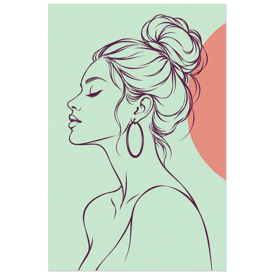 Affiche dessin au trait femme à la boucle d'oreille, dessin au trait / illustration linéaire / aplats colorés verticale, format 30 × 45 cm
