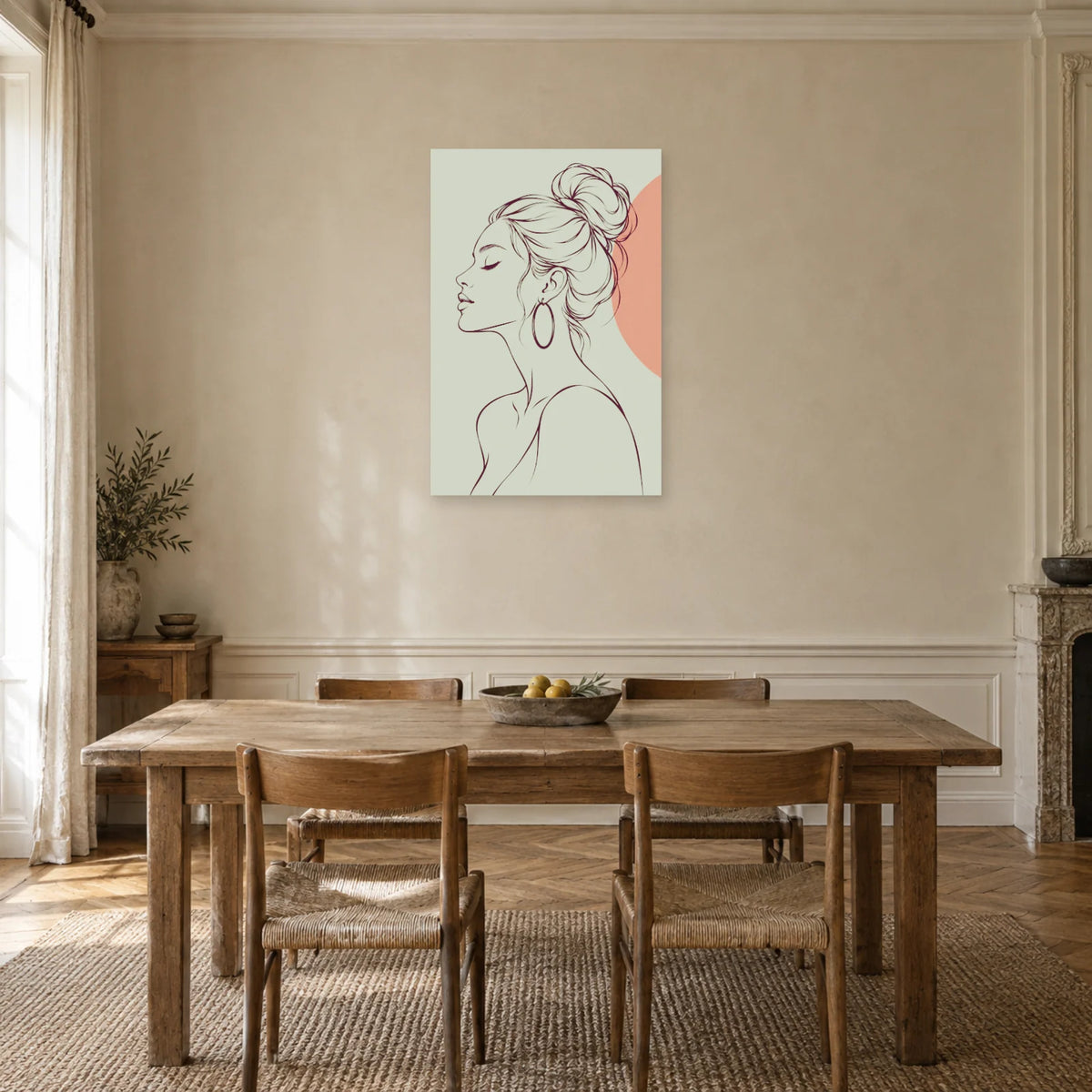 Affiche dessin au trait femme à la boucle d'oreille dans une salle à manger - Art Virtuoso