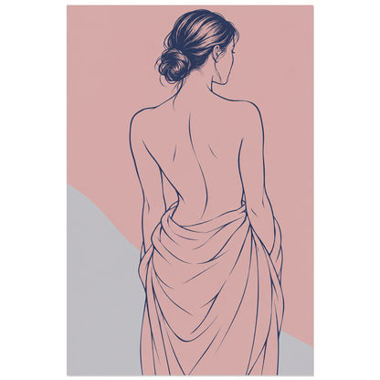 Affiche dessin au trait femme de dos au drapé, dessin au trait / illustration linéaire / aplats colorés verticale, format 30 × 45 cm